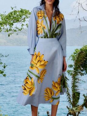 NWT FARM RIO Blue Banana Cocina Striped Midi Skirt-Size Small